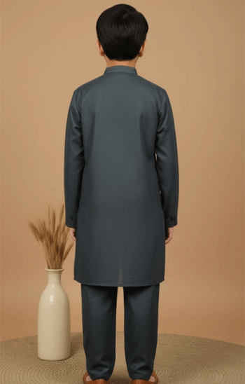 Alt text: Boys Dark Grey Kurta Pajama back view – stylish traditional wear showing fine stitching and modern fit for boys.