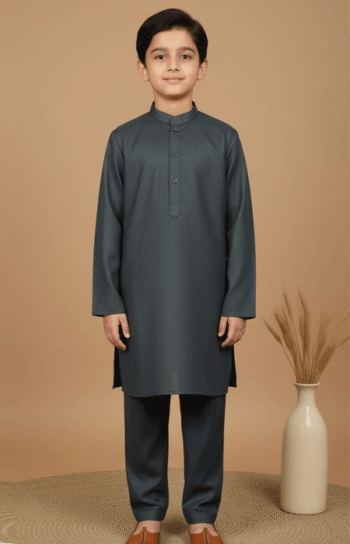 Alt text: Boys Dark Grey Kurta Pajama front view – premium kids ethnic wear with mandarin collar and neat design for festive occasions.