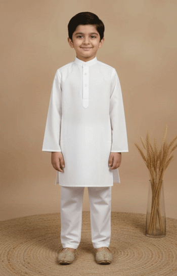 Front view of Boys White Kurta Pajama worn by young boy