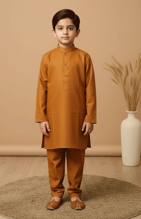 Boys kurta pajama rust brown cotton Boys Kurta Pajama rust brown cotton fabric, front full view, stylish traditional outfit for kids.