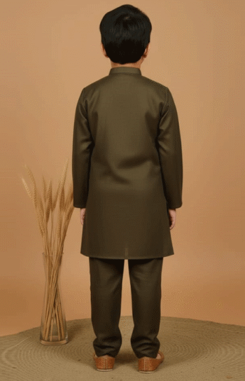 Olive Green Boys Kurta Pajama Set – back view showing the plain design of the olive green kurta and pajama worn by a young boy.