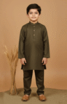 Olive Green Boys Kurta Pajama Set – front view showing a young boy standing straight wearing a simple olive green kurta and pajama with brown traditional shoes.