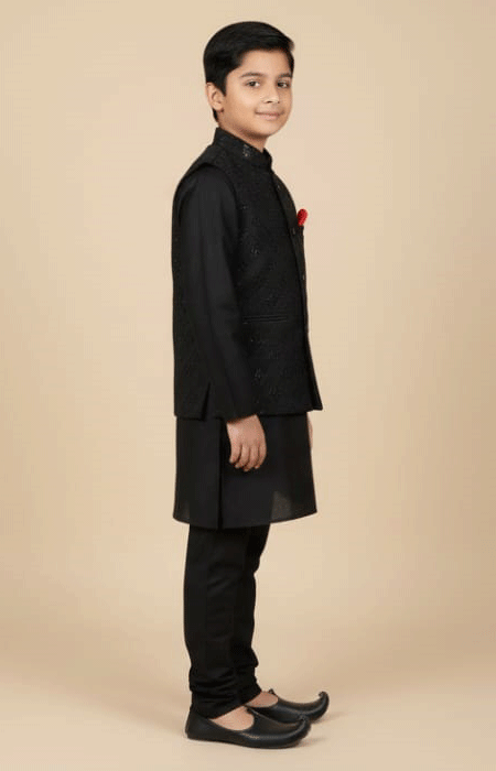 Black Embroidered Waistcoat for Boys 2 A side view of the boy in a black traditional outfit with a red pocket square, smiling gently.