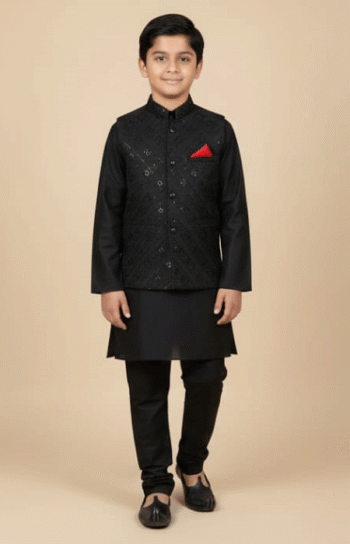 A young boy wearing a black traditional kurta pajama with a black embroidered jacket and a red pocket square, standing and smiling at the camera.
