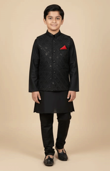 Black Embroidered Waistcoat for Boys A young boy wearing a black traditional kurta pajama with a black embroidered jacket and a red pocket square, standing and smiling at the camera.
