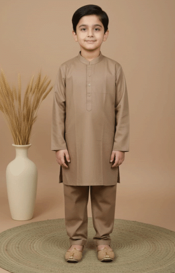 A young boy wearing a Boys Classic Brown Kurta Pajama standing and smiling in front view.