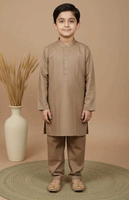 Boys Classic Brown Kurta Pajama A young boy wearing a Boys Classic Brown Kurta Pajama standing and smiling in front view.