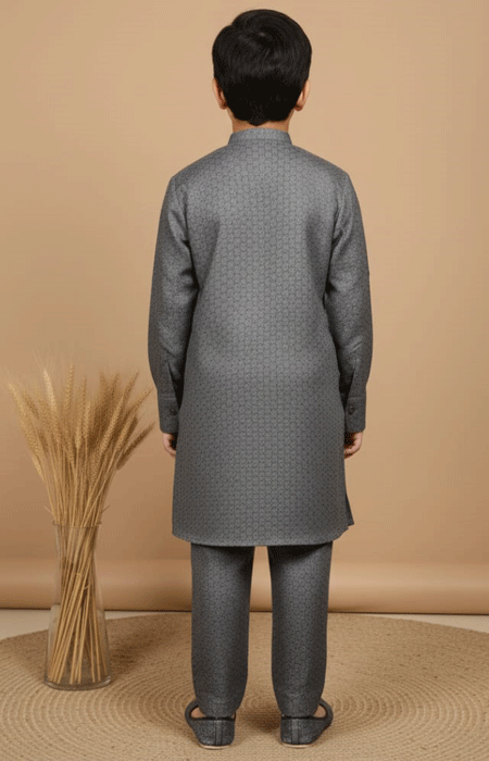 Boys Grey Textured Kurta Pajama 1 Back view of a boy in a Boys Grey Textured Kurta Pajama, showing the full outfit design from behind.