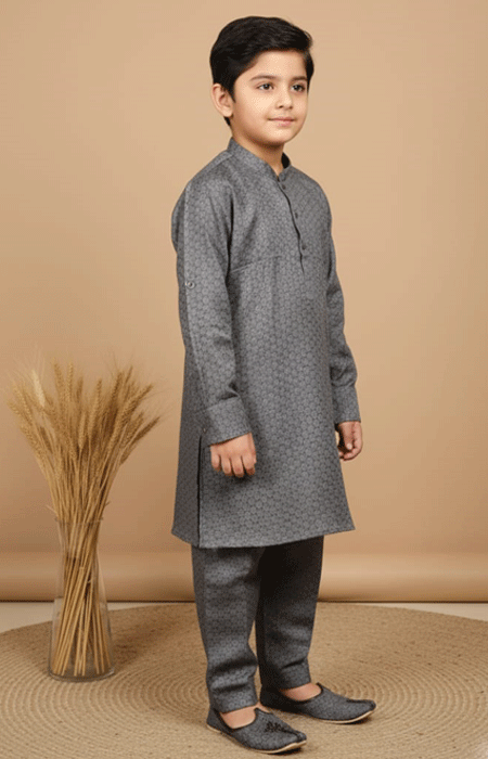 Boys Grey Textured Kurta Pajama 2