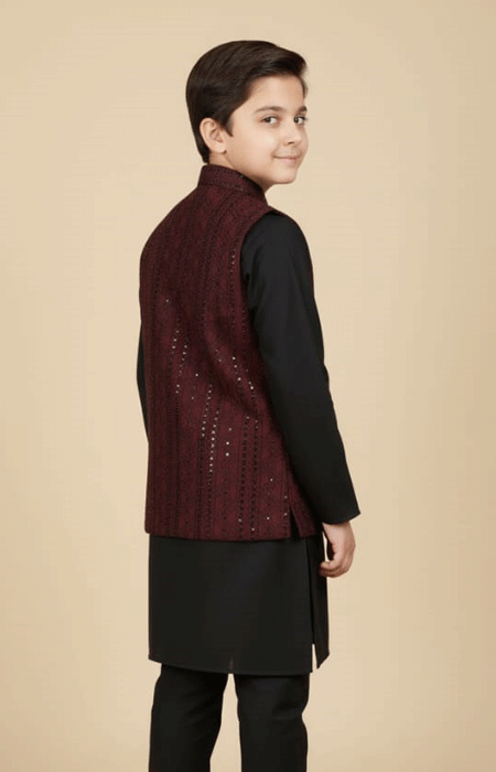 Boys Maroon Embroidered Waistcoat 1