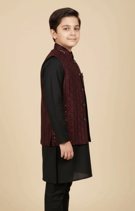 Boys Maroon Embroidered Waistcoat 2