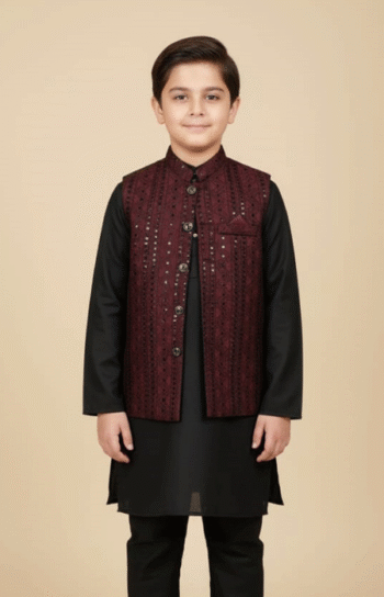 Front view of a Boys Maroon Embroidered Waistcoat styled over a black kurta pajama, featuring elegant threadwork and button detailing.