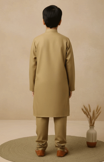 Back view of a boy dressed in a Camel Brown Kurta Pajama for Boys, showing the simple and elegant design of the outfit.