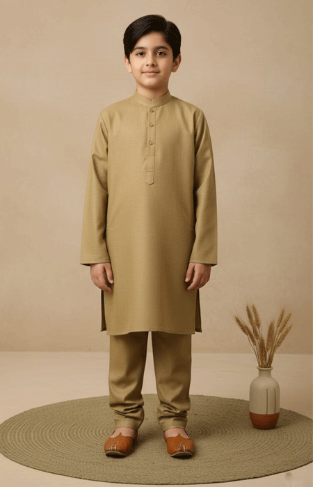 Camel Brown Kurta Pajama for Boys A young boy wearing a Camel Brown Kurta Pajama for Boys, standing confidently facing forward in a minimalist studio setting