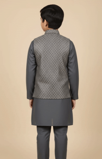 A boy wearing a Grey Printed Waist Coat stands facing backward, showing the full back design of his outfit.