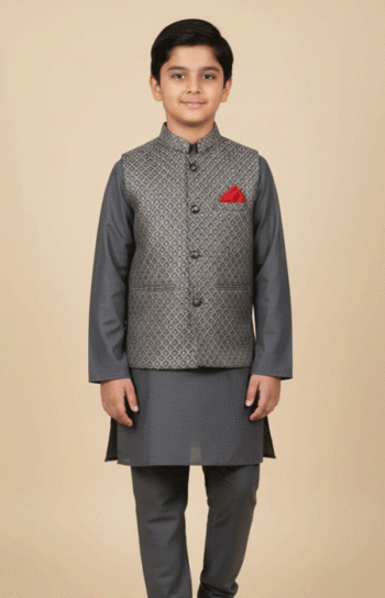 A boy wearing a Grey Printed Waistcoat stands facing front, smiling gently with hands by his sides.