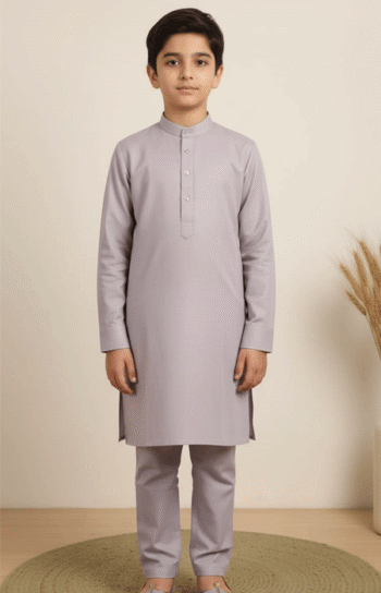 A young boy wearing a Light Grey Boys Kurta Pajama standing facing forward with a plain background.