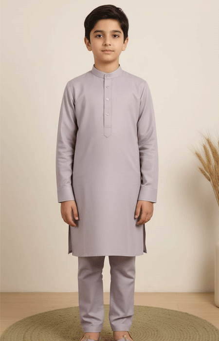 Light Grey Boys Kurta Pajama A young boy wearing a Light Grey Boys Kurta Pajama standing facing forward with a plain background.