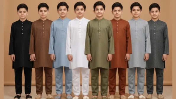 A group of boys wearing traditional kurta pajamas in different colours like black, brown, light blue, white, olive green, rust brown, and grey textured.